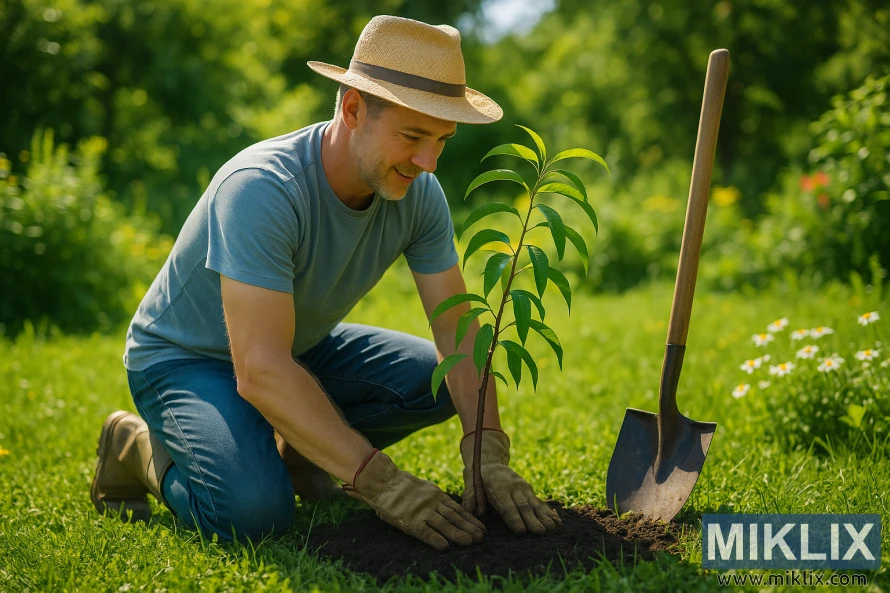 Un jardinier est agenouillé dans un jardin verdoyant, plantant un petit pêcher par une journée d'été ensoleillée.