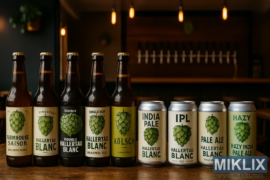 Výstava lahví a plechovek piva Hallertau Blanc v útulném, rustikálním prostředí výčepu Výstava lahví a plechovek piva Hallertau Blanc v útulném, rustikálním prostředí výčepu