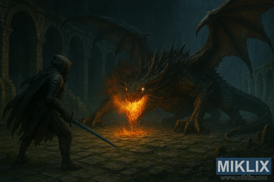 Sanaa halisi ya njozi ya silaha za kisu cheusi zilizochafuliwa zikimkabili Magma Wyrm Makar katika pango lililoharibiwa