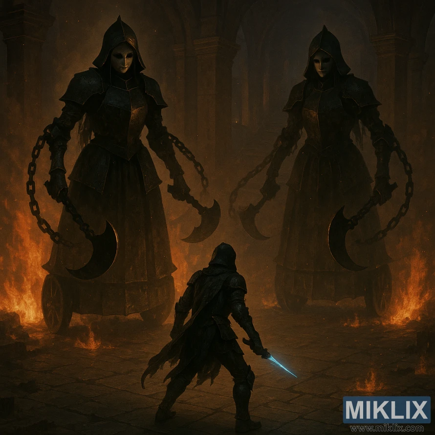 Vaizdas iš viršaus, kuriame degančio akmens menėje pavaizduota Aptemusi, susidurianti su dviem aukštai stovinčiomis Pagrobėjų Mergelėmis.