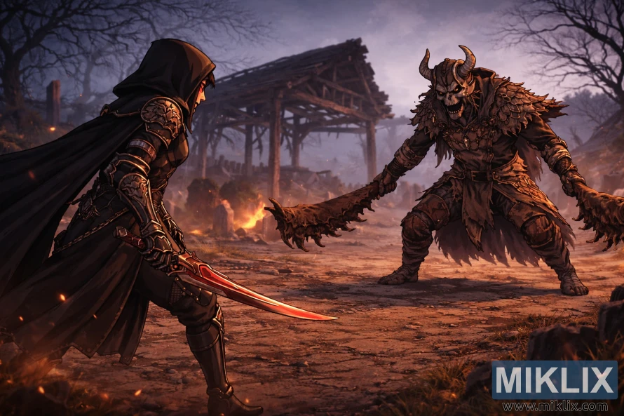 Illustration de style anime montrant l'armure Tarnished in Black Knife face à l'Omenkiller dans le Village des Albinauriques juste avant le combat.