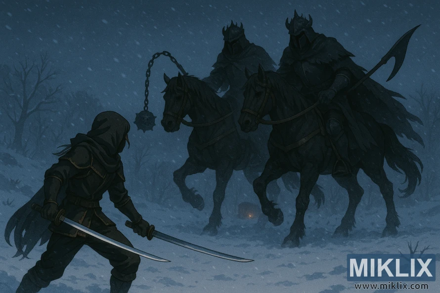 A Black Knife warrior with twin katanas faces two mounted Night’s Cavalry knights from a slight side angle in a snowy blizzard. A Black Knife warrior with twin katanas faces two mounted Night’s Cavalry knights from a slight side angle in a snowy blizzard.