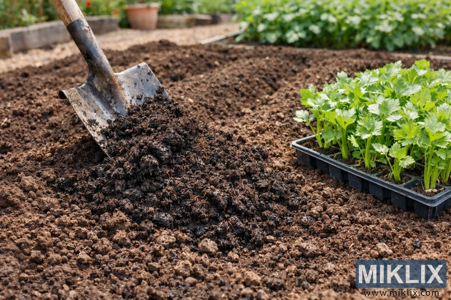 Dhe kopshti e sapopunuar me pleh organik që përzihet me një lopatë, me fidanë selino të gjelbër në një tabaka pranë shtratit.