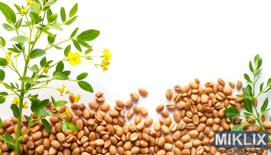 લીલા પાંદડા, પીળા ફૂલો અને ભૂરા બીજ સાથે મેથીના છોડનું ચિત્ર.