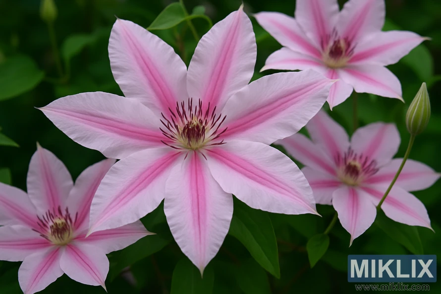 Detailed close-up of Clematis ‘Nelly Moser’ flowers with soft pink petals and darker pink stripes against a green background.
