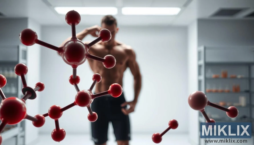 D-ასპარაგინის მჟავის დეტალური მოლეკულები კუნთოვანი მამაკაცის ფიგურით და ლაბორატორიული ფონით. D-ასპარაგინის მჟავის დეტალური მოლეკულები კუნთოვანი მამაკაცის ფიგურით და ლაბორატორიული ფონით.