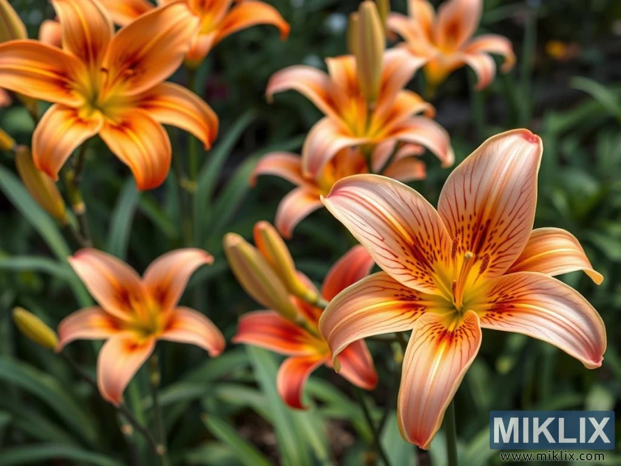 Cluster of orange lilies with gradient petals surrounded by lush green leaves.