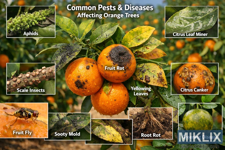 Labeled educational image showing common pests and diseases of orange trees, including aphids, citrus leaf miner, scale insects, fruit rot, citrus canker, greening disease, sooty mold, root rot, and yellowing leaves on oranges and foliage.