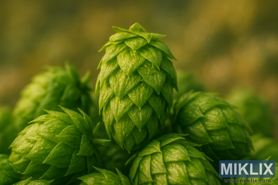 ぼやけた土っぽい背景に、温かく柔らかな光で照らされた、ルプリン腺が見える、収穫したてのゼウスホップの球果のクローズアップ。 ぼやけた土っぽい背景に、温かく柔らかな光で照らされた、ルプリン腺が見える、収穫したてのゼウスホップの球果のクローズアップ。