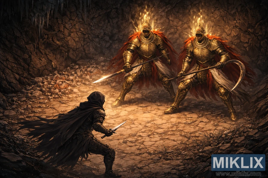 Izometrijski anime stil fan art of the Tarnished in Black Knife oklop suočava dva identična Cleanrot vitezova sa kopljem i srpom u napuštenoj pećini iz Elden Ring.