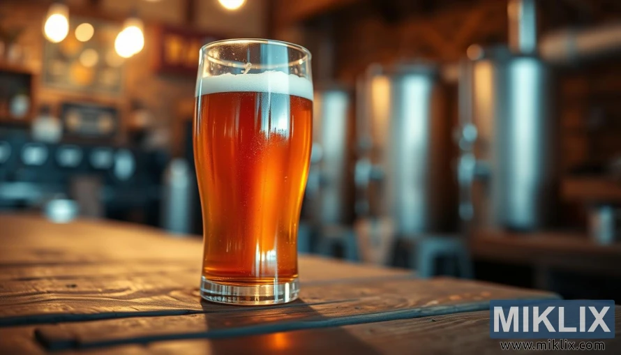 Jantarno pivo svijetli na rustikalnom drvu s mekim, toplim osvjetljenjem i ugodnom zamućenom pozadinom.