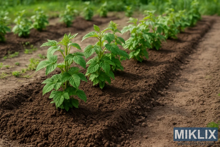 Rows of young raspberry plants growing in a well-prepared garden bed with rich brown soil and proper spacing under soft sunlight.