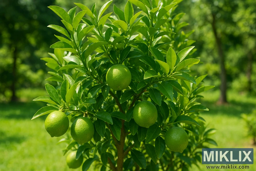 Lime tree with ripe green fruit and lush leaves in a sunlit garden