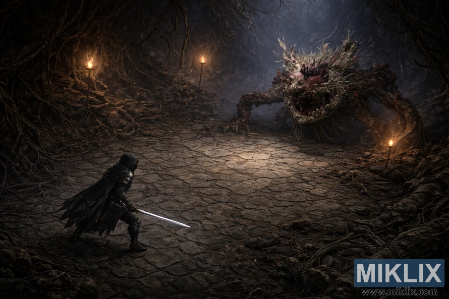 फ्रिंजफोक हीरो की कब्र में, टार्निश्ड का आइसोमेट्रिक डार्क फैंटेसी व्यू, जिसमें वह तलवार खींचे हुए है और अल्सरेटेड ट्री स्पिरिट का सामना कर रहा है, जिसे ऊपर से टॉर्चलाइट वाली गुफा में देखा जा सकता है।