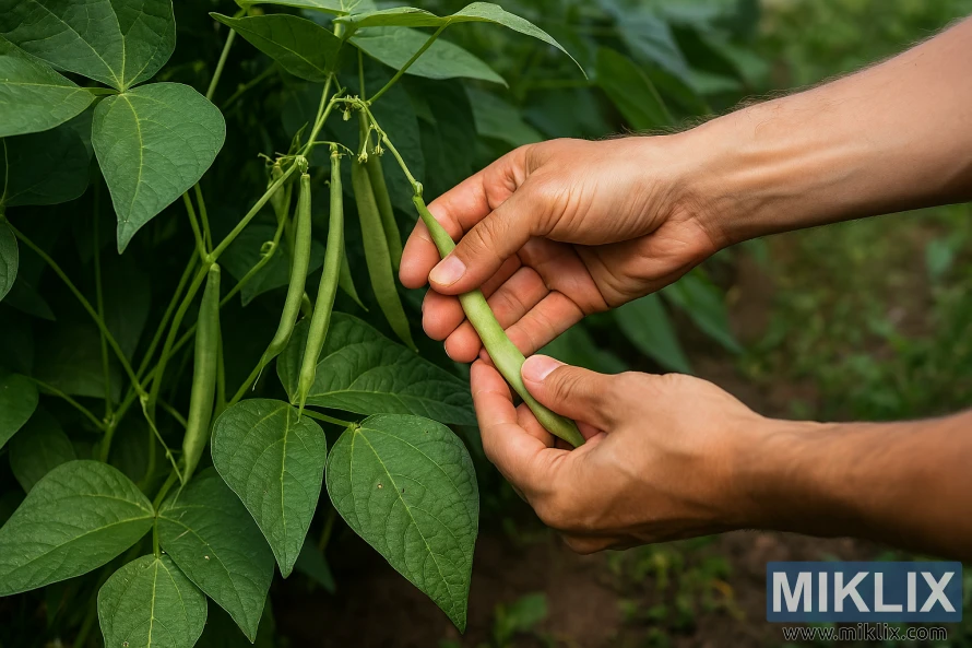 Hands harvesting green beans using proper two-handed technique in a garden Hands harvesting green beans using proper two-handed technique in a garden