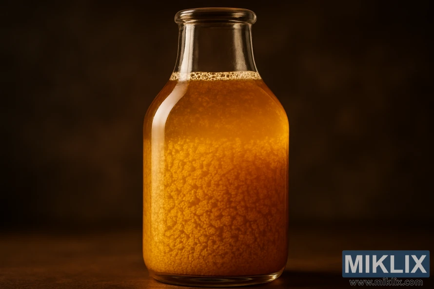 Närbild av landskapsfoto på en klar glasflaska fylld med gyllene brittisk cask ale-jäst, upplyst av varmt riktat ljus mot en suddig brun bakgrund Närbild av landskapsfoto på en klar glasflaska fylld med gyllene brittisk cask ale-jäst, upplyst av varmt riktat ljus mot en suddig brun bakgrund