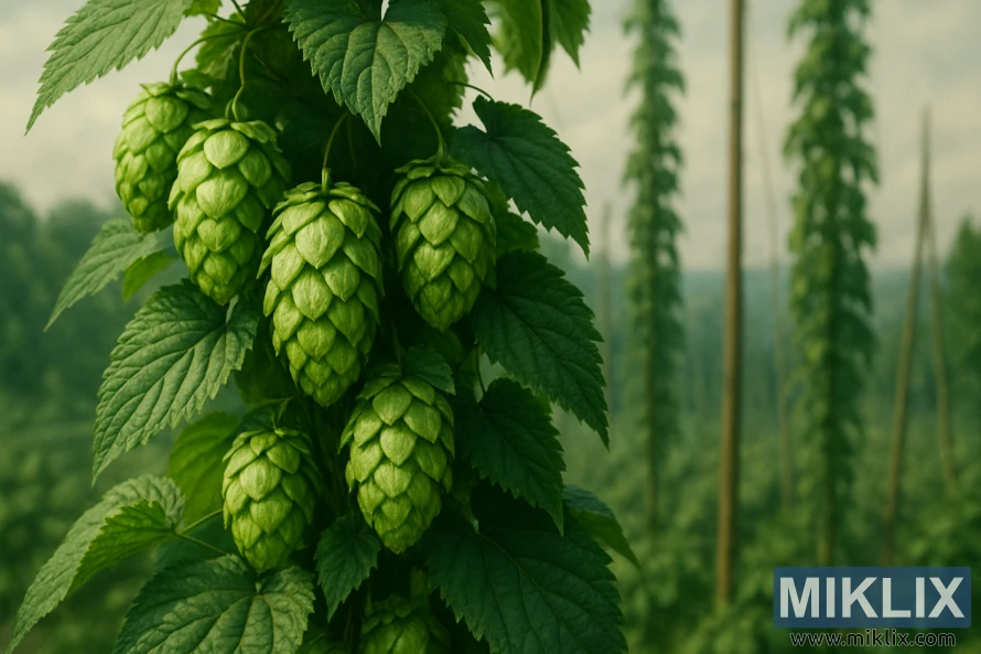 Bližnji posnetek živahnih zelenih storžev hmelja sorte Pilot z mehko izostrenimi polji hmelja v ozadju.