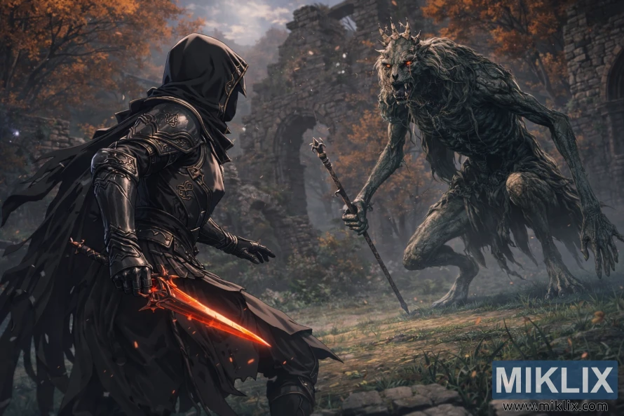 Anime style fan art of a Tarnished warrior in Black Knife armor facing the Demi-Human Queen in ancient forest ruins just before battle.