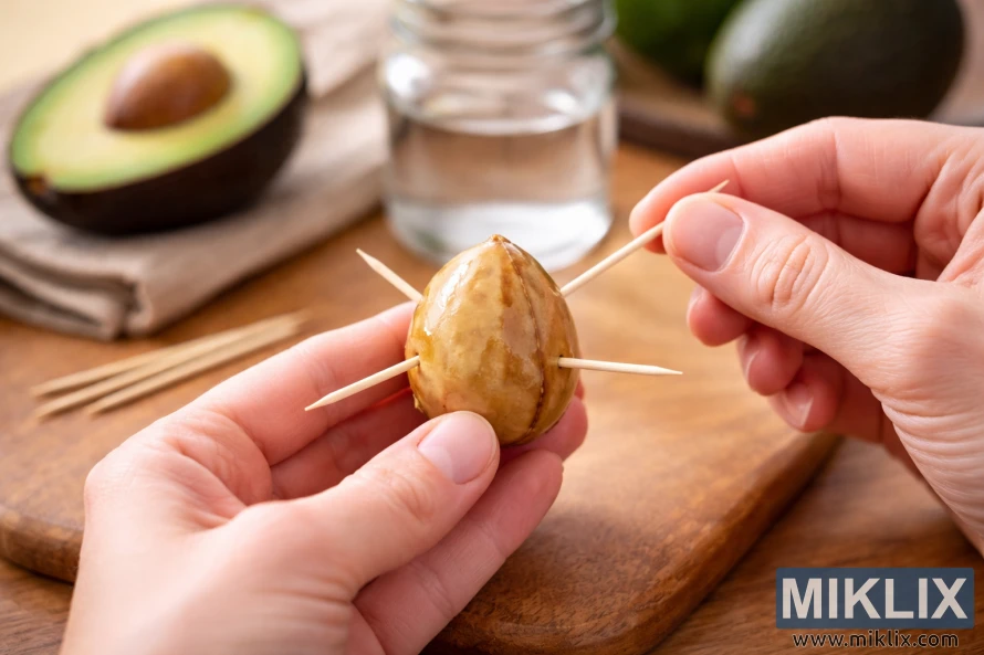 Hands inserting toothpicks into a clean avocado pit to prepare it for germination over a jar of water