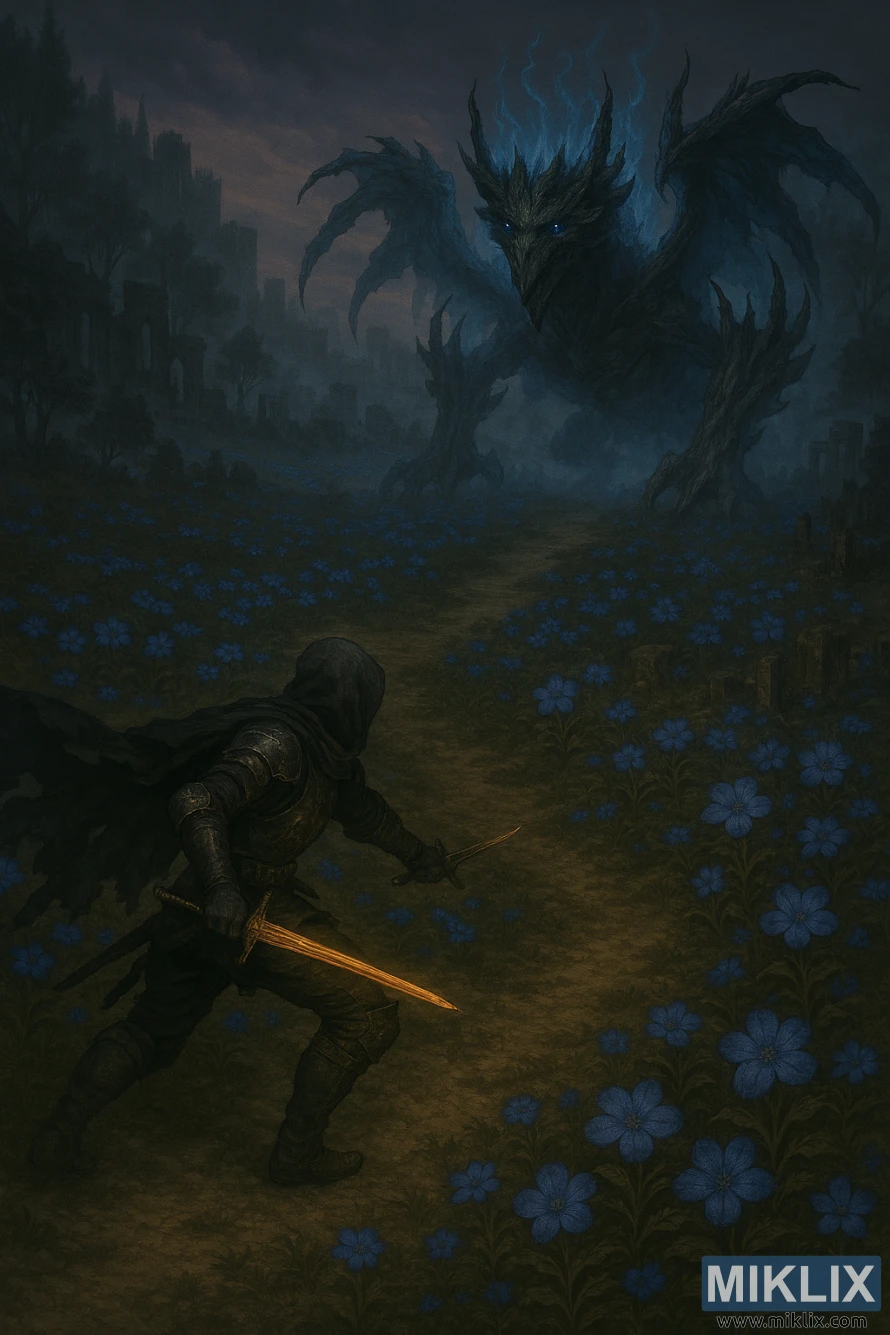Realistic fantasy art showing the Tarnished in Black Knife armor confronting the Ghostflame Dragon from an elevated angle