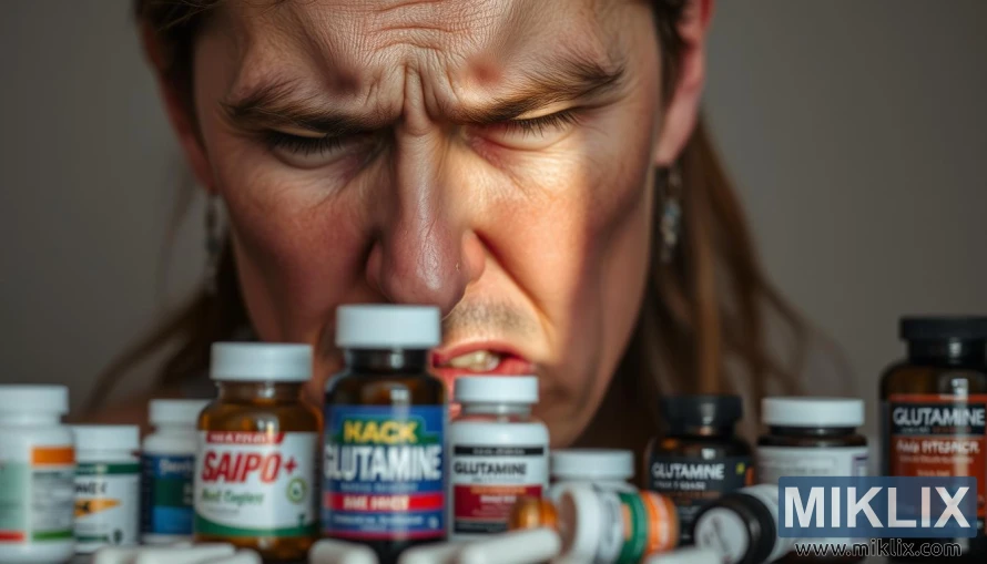 Krupni plan lica s bolnim izrazom, bočice glutaminskog suplementa zamućene u pozadini. Krupni plan lica s bolnim izrazom, bočice glutaminskog suplementa zamućene u pozadini.