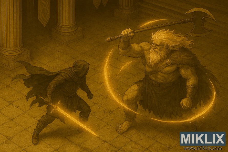 Semi-realistic Elden Ring fan art of the Tarnished facing Godfrey with a two-bladed axe in Leyndell