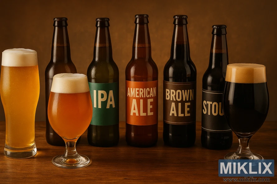 لکڑی کی سطح پر ترتیب دی گئی متنوع کرافٹ بیئر کی بوتلوں اور شیشوں کی ایک گرم، اچھی طرح سے روشن اسٹیل لائف۔ لکڑی کی سطح پر ترتیب دی گئی متنوع کرافٹ بیئر کی بوتلوں اور شیشوں کی ایک گرم، اچھی طرح سے روشن اسٹیل لائف۔