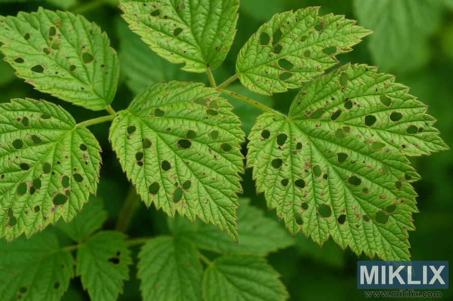 Detailed close-up of raspberry leaves showing holes and browning from pest damage.