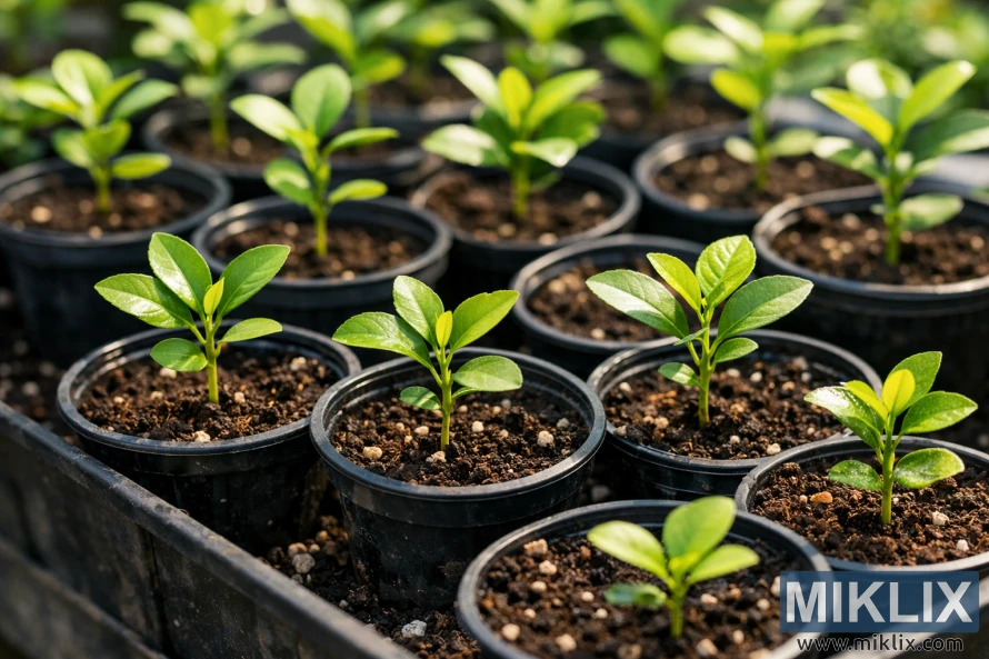 Những hàng cây chanh non đang lớn dần trong những chậu nhỏ màu đen chứa đầy đất, được chiếu sáng bởi ánh nắng mặt trời tự nhiên.