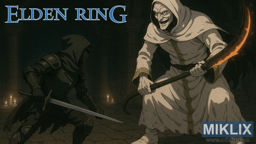 Fan art of a Black Knife assassin facing a Godskin Apostle inside the dim stone halls of Caelid’s Divine Tower.