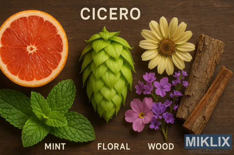 En Cicero-humlekogle omgivet af grapefrugt, mynte, blomster og træ, der repræsenterer dens aromaer. En Cicero-humlekogle omgivet af grapefrugt, mynte, blomster og træ, der repræsenterer dens aromaer.