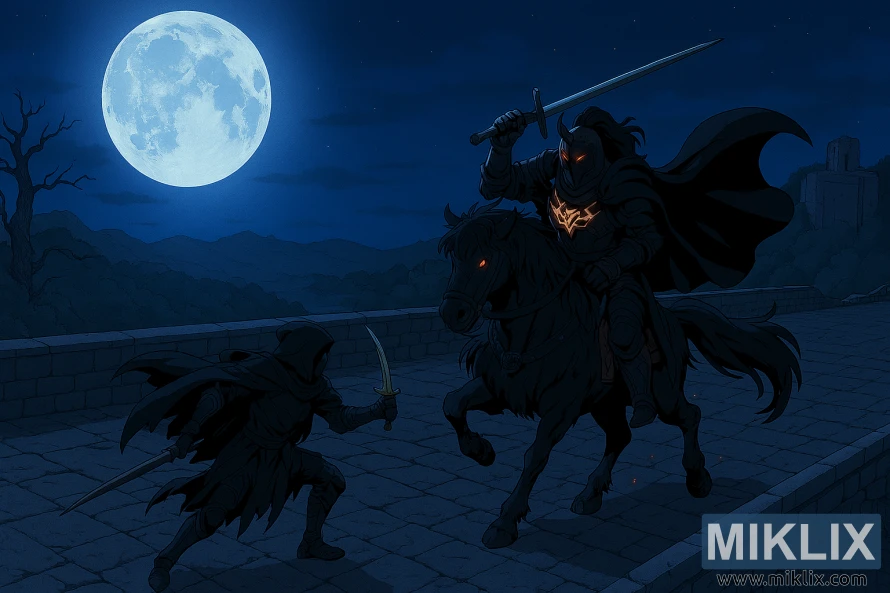 Anime-style isometric view of Tarnished fighting Night's Cavalry on Dragonbarrow Bridge under moonlight