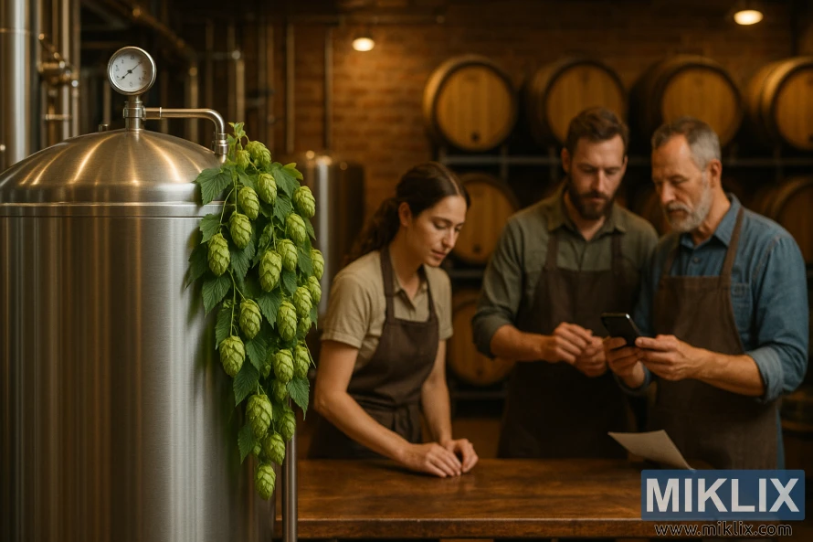 Acél erjesztőtartály komlózuhogással egy sörfőzdei környezetben. Acél erjesztőtartály komlózuhogással egy sörfőzdei környezetben.