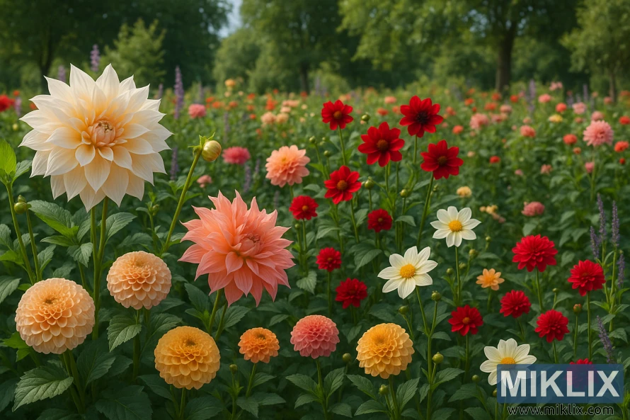 Summer garden with diverse dahlias in full bloom under soft daylight.