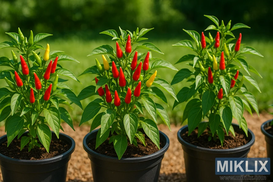 Friska chilipepparplantor med livfulla röda, gula och gröna paprikor som växer i svarta behållare i fullt solljus. Friska chilipepparplantor med livfulla röda, gula och gröna paprikor som växer i svarta behållare i fullt solljus.