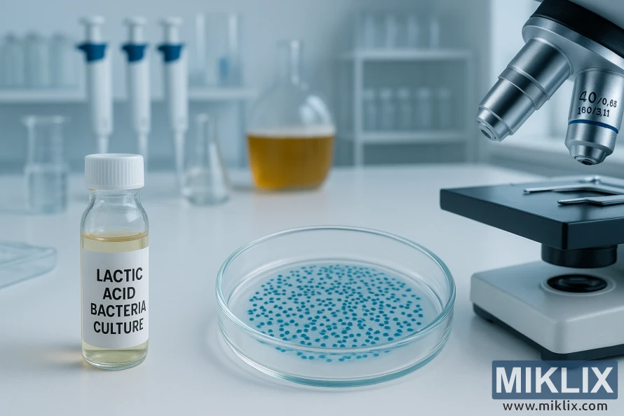 Ampulle merket «Melkesyrebakteriekultur» og petriskål med blå kolonier ved siden av et mikroskop i et rent laboratorium.
