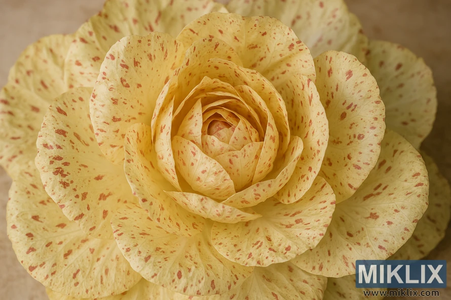 Close-up of Castelfranco radicchio with cream-colored leaves and red speckles