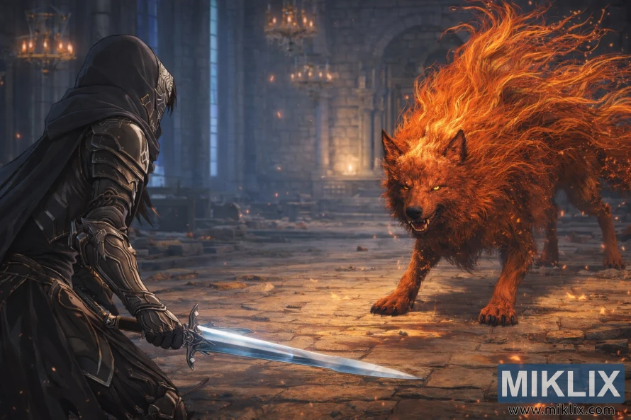 Isang fan art na istilong anime ng Tarnished in Black Knife armor na may hawak na espada habang nakaharap sa Red Wolf ng Radagon sa loob ng Raya Lucaria Academy bago ang labanan.