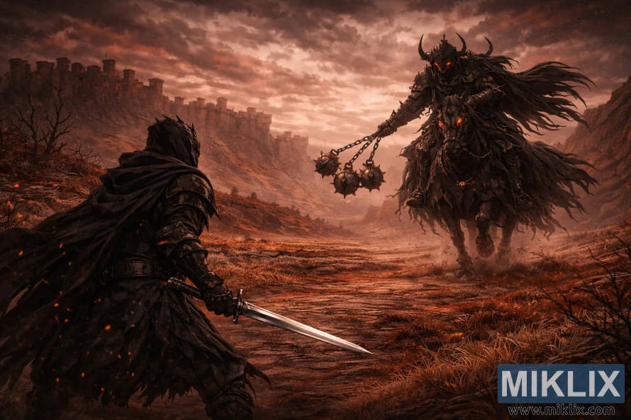 Dark fantasy scene of the Tarnished seen from behind holding a sword while the Night’s Cavalry charges on a skeletal horse with a three-balled flail across the burning plains of Caelid.