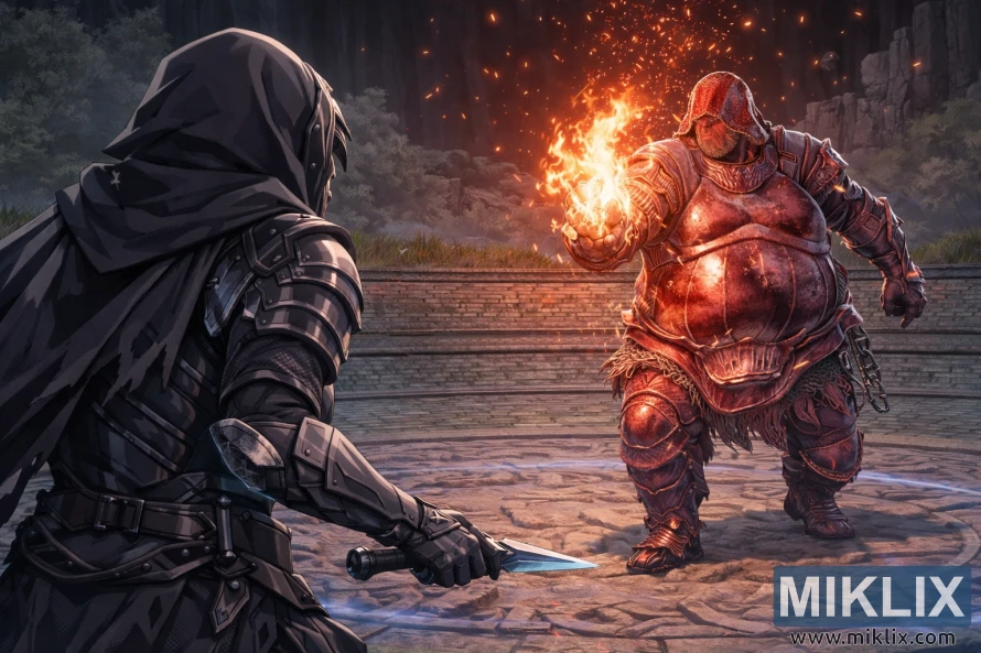 Fan art ao estilo anime mostrando o Maculado por trás à esquerda, enfrentando Adan, Ladrão de Fogo, dentro da Guarda Evergaol do Malfeitor, pouco antes do início do combate.