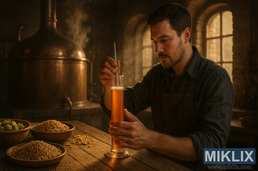 Pivar provjerava sladovinu pomoću bakrenog kotla sa sladom i hmeljem na drvenoj klupi u toplom svjetlu pivovare.