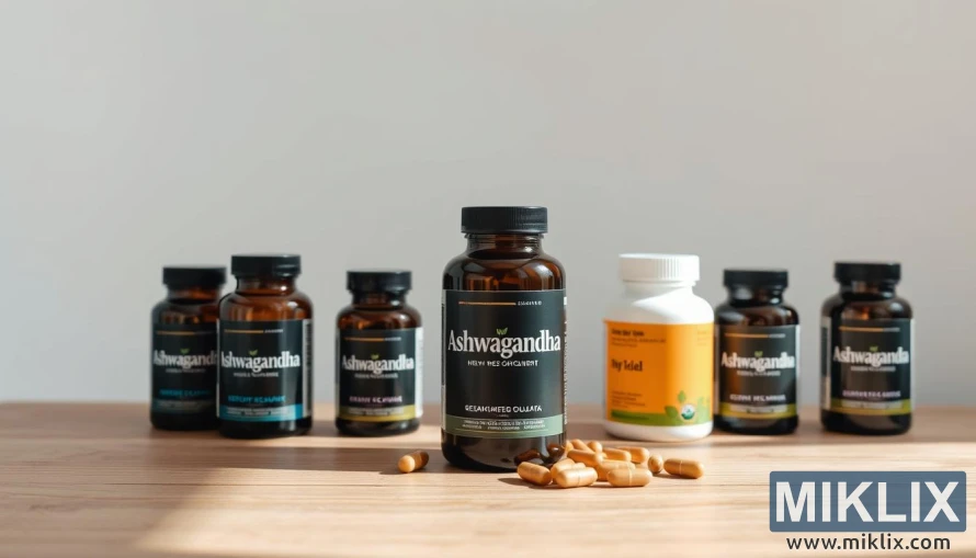 Tavolinë druri me shishe dhe kapsula të suplementit Ashwagandha në ndriçim të butë.
