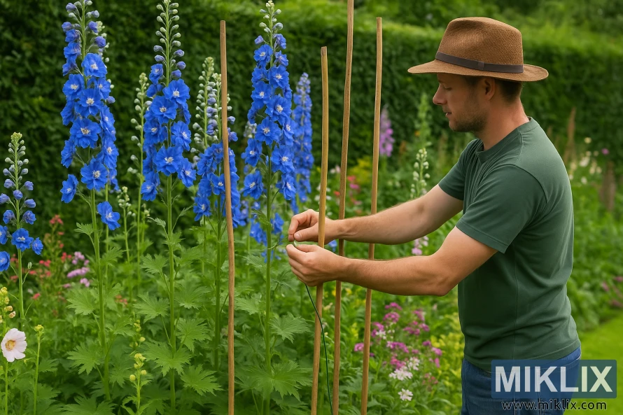 Vrtnar v slamnatem klobuku skrbno priveže visoke modre rastline delfinija na lesene količke sredi živahne cvetlične obrobe pod naravno dnevno svetlobo. Vrtnar v slamnatem klobuku skrbno priveže visoke modre rastline delfinija na lesene količke sredi živahne cvetlične obrobe pod naravno dnevno svetlobo.