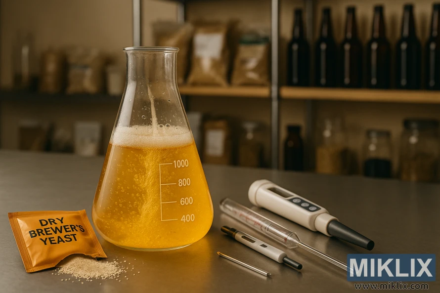 Laboratorieoppsett med en boblende Erlenmeyer-kolbe, gjærgranulat og bryggeinstrumenter på en stålbenk. Laboratorieoppsett med en boblende Erlenmeyer-kolbe, gjærgranulat og bryggeinstrumenter på en stålbenk.