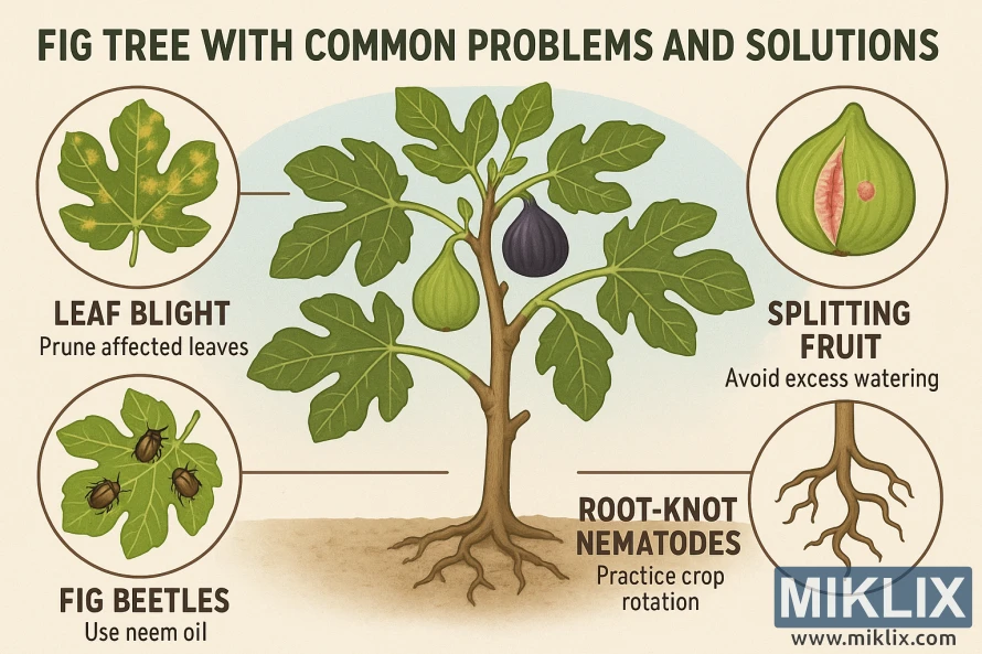 Infographic of a fig tree showing common issues like leaf blight, splitting fruit, fig beetles, and root-knot nematodes, each with solutions.