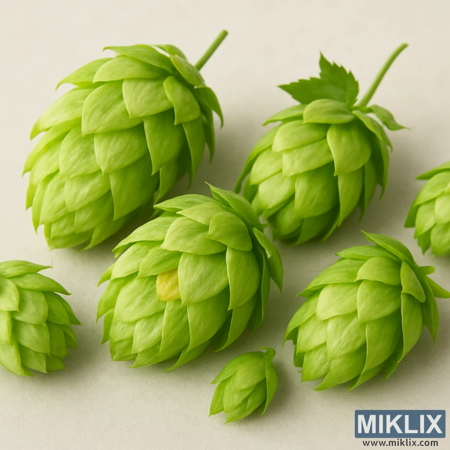 Cônes de houblon Groene Bel fraîchement récoltés d'un vert vif, présentant de délicates bractées papyracées et des glandes lupulines jaunes sur un fond neutre.