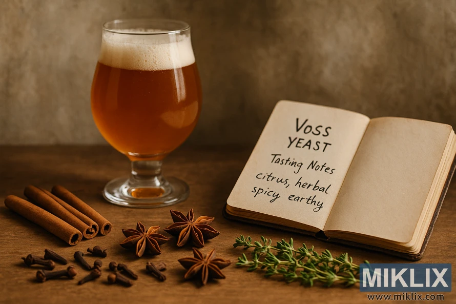 Una copa de tulipán con cerveza ámbar junto a un rústico cuaderno abierto con la etiqueta 'Notas de cata de levadura Voss' y especias como canela, clavo, anís estrellado y tomillo dispuestos sobre una superficie de madera.