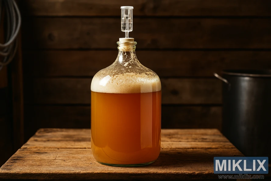 Glass carboy fermenting wheat beer on rustic wooden table in homebrewing setting
