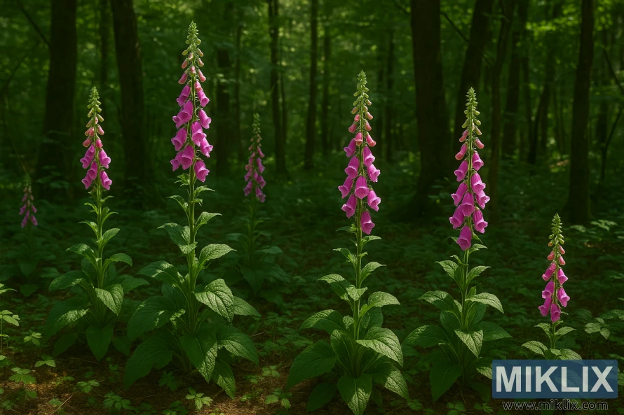 छायांकित जंगलाच्या जमिनीवर वाढणारी गुलाबी फॉक्सग्लोव्ह झाडे आणि झाडांमधून सूर्यप्रकाश पडत आहे. छायांकित जंगलाच्या जमिनीवर वाढणारी गुलाबी फॉक्सग्लोव्ह झाडे आणि झाडांमधून सूर्यप्रकाश पडत आहे.