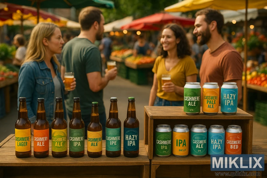Lauku stila koka kastēs āra tirgū izstādīti kašmira apiņotie alus veidi, fonā – cilvēki, kas degustē dzērienus.